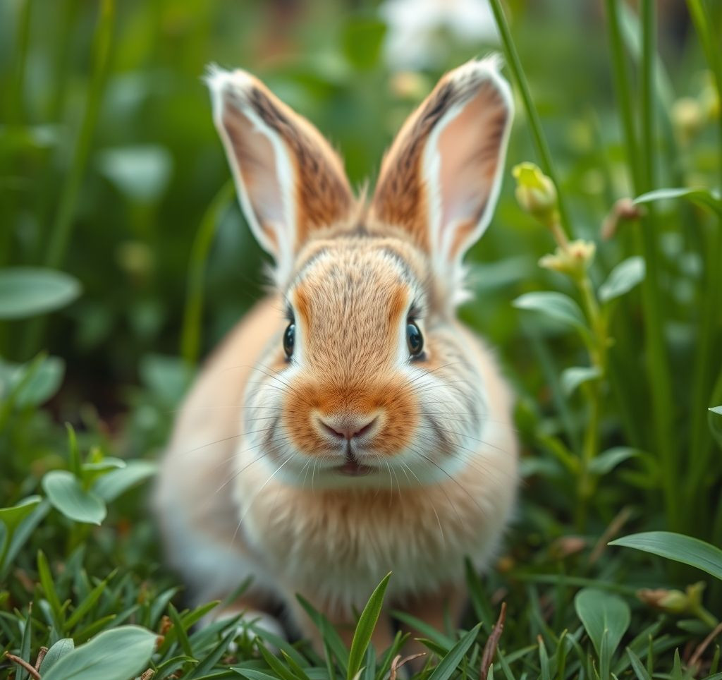 A cute dwarf rabbit sitting in a lush green garden.