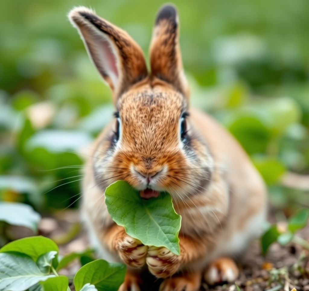 A cute rabbit happily eating fresh green leaves