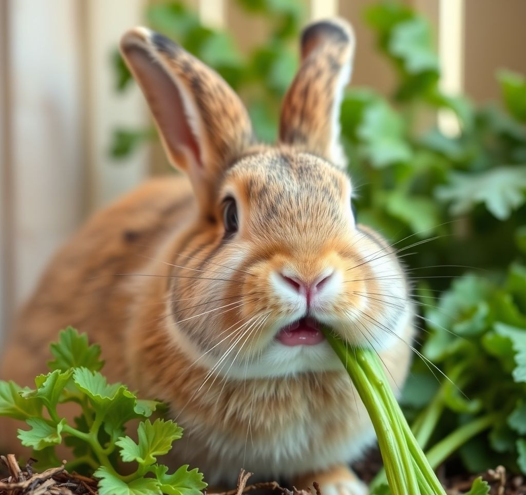 A happy rabbit eating fresh green vegetables
