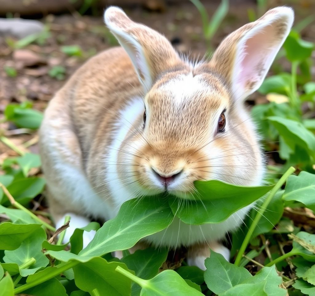 A happy rabbit munching on fresh green leaves in a natural setting.
