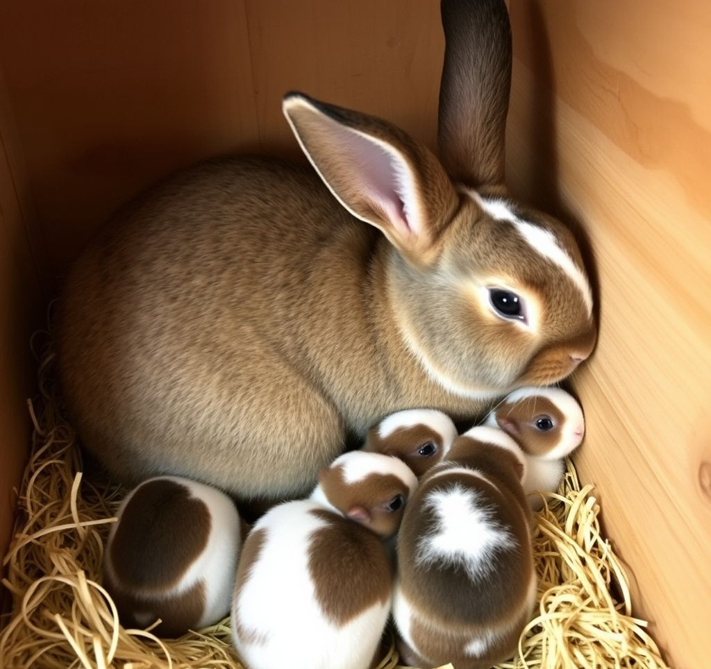 A mother rabbit with her litter in a comfortable nesting box