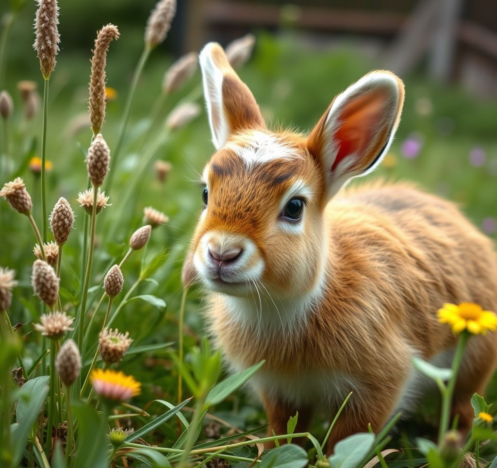 Ein glückliches Kaninchen knabbert an frischen Kräutern in einem sauberen Gehege.