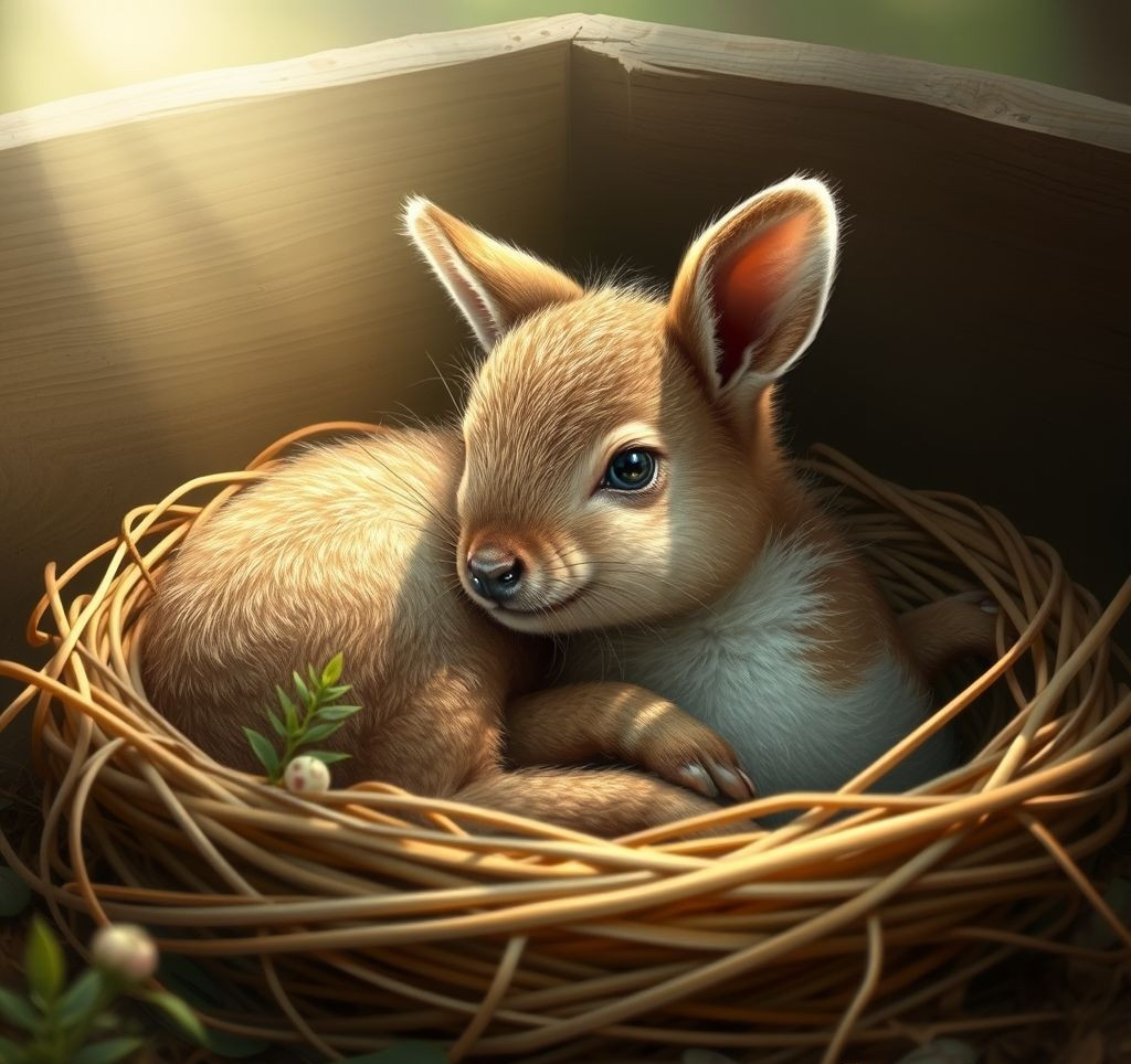 Ruhiges Kaninchen liegt entspannt in einem weichen Nest, umgeben von Heu.