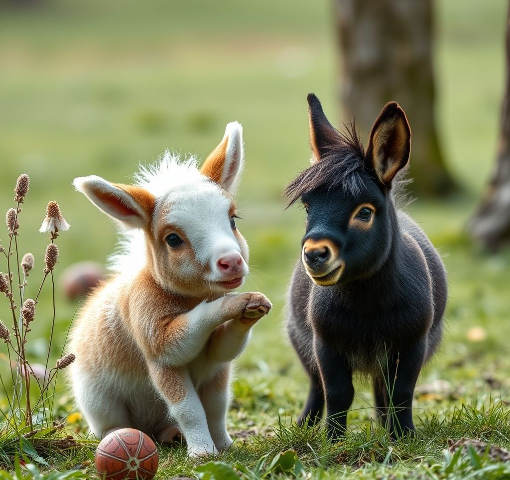 Zwei Kaninchen spielen in einem geräumigen, sauberen Außengehege mit Heu und frischem Gemüse.
