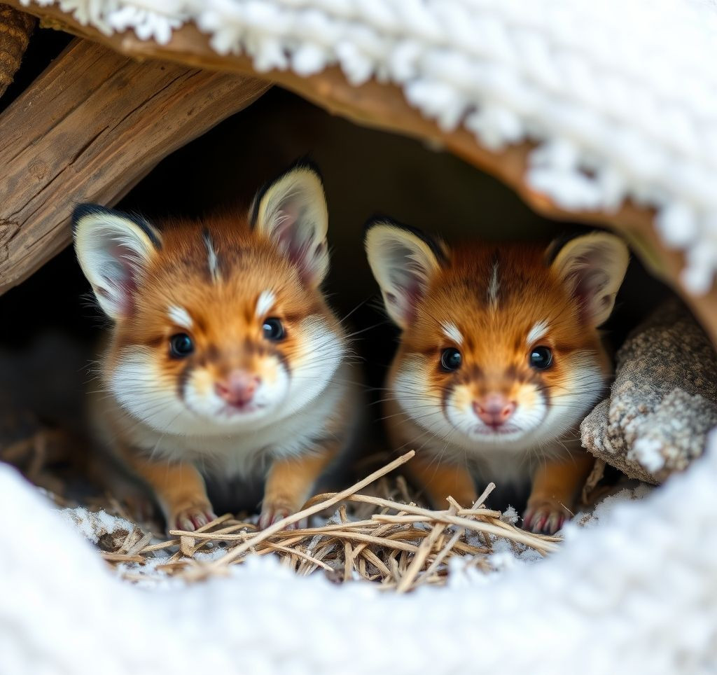 Zwei Zwergkaninchen in einem liebevoll eingerichteten, geräumigen Gehege, das verschiedene Verstecke und Heuraufen zeigt.